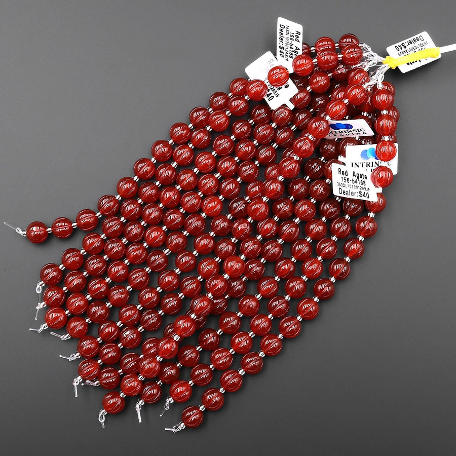 AAA Hand Carved Natural Red Agate 10mm Melon Round Beads 7.5" Strand