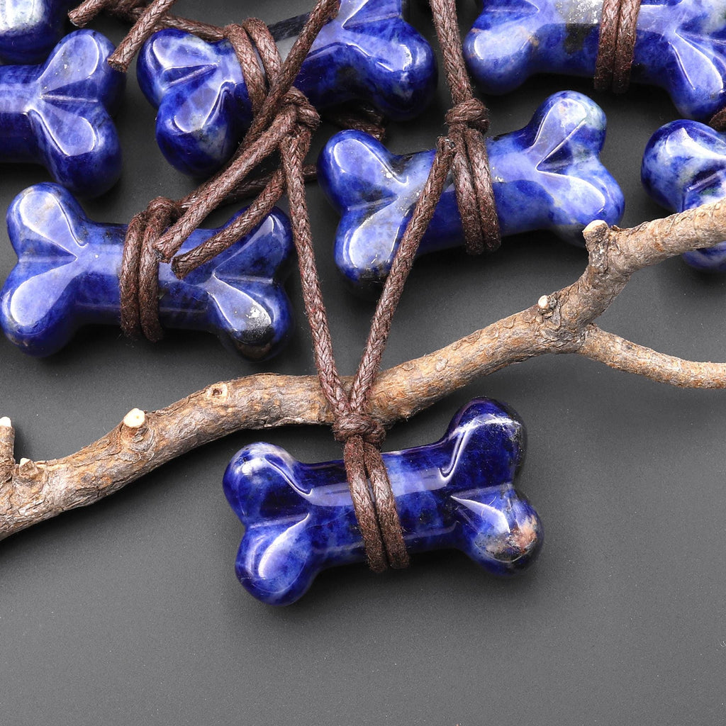 Carved Natural Blue Sodalite Dog Bone Home decoration Crystal Carvings Healing Palm Pocket Stone Gifts A2