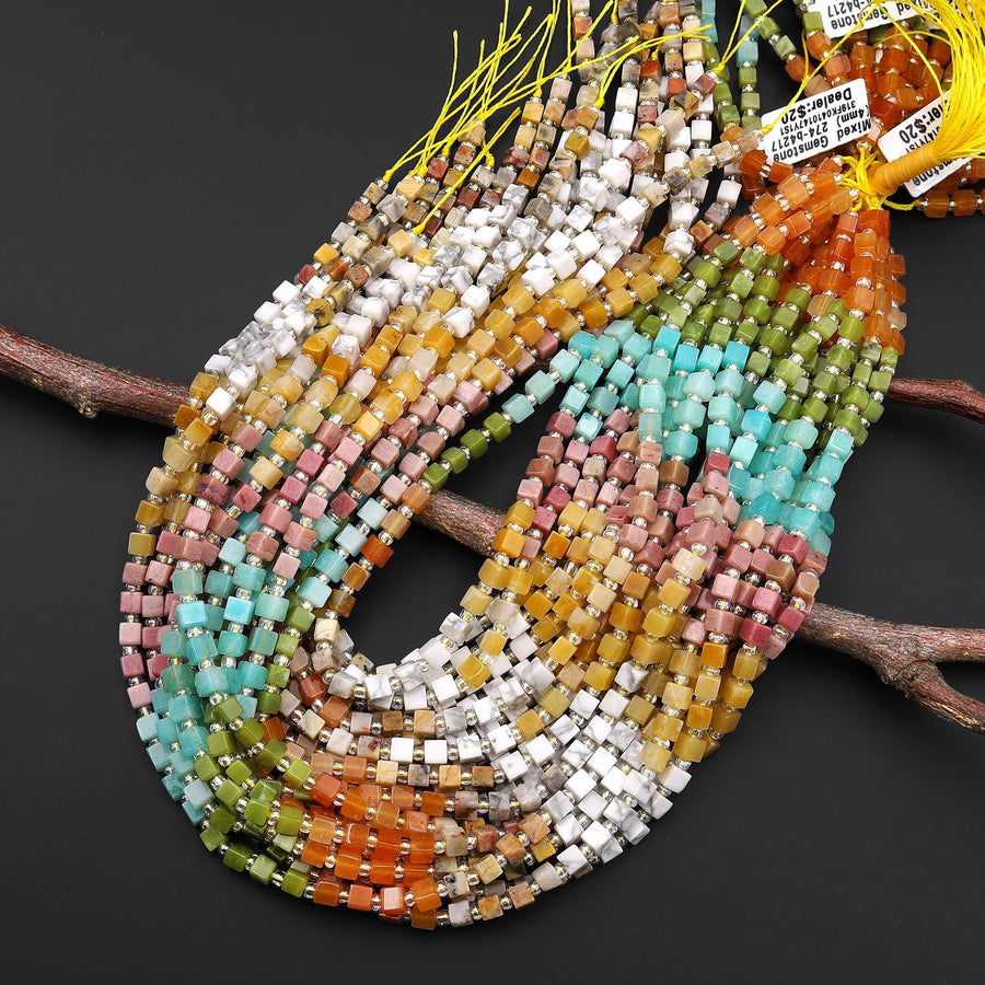 Multicolor Natural Gemstone 4mm Smooth Cube Beads Carnalian Green Jade Amazonite Rhodonite Aventurine Howlite Crazy Lace Agate 15.5" Strand