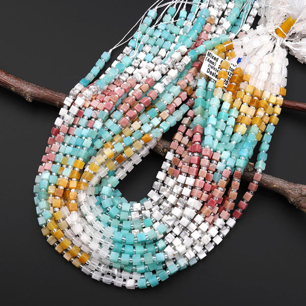 Multicolor Natural Gemstone 4mm Smooth Cube Beads White Jade Yellow Aventurine Amazonite Pink Petrified Rhodonite Howlite 15.5" Strand
