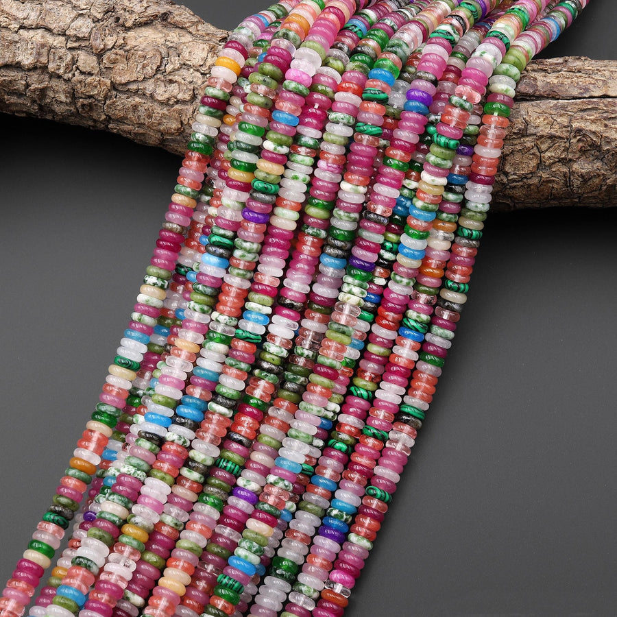 Joyful Harmony Mix - Multi-Color Gemstone 6mm Thin Smooth Rondelle Quartz Jade Green Tree Agate Beads 15.5" Strand