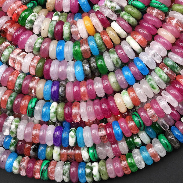 Joyful Harmony Mix - Multi-Color Gemstone 6mm Thin Smooth Rondelle Quartz Jade Green Tree Agate Beads 15.5" Strand
