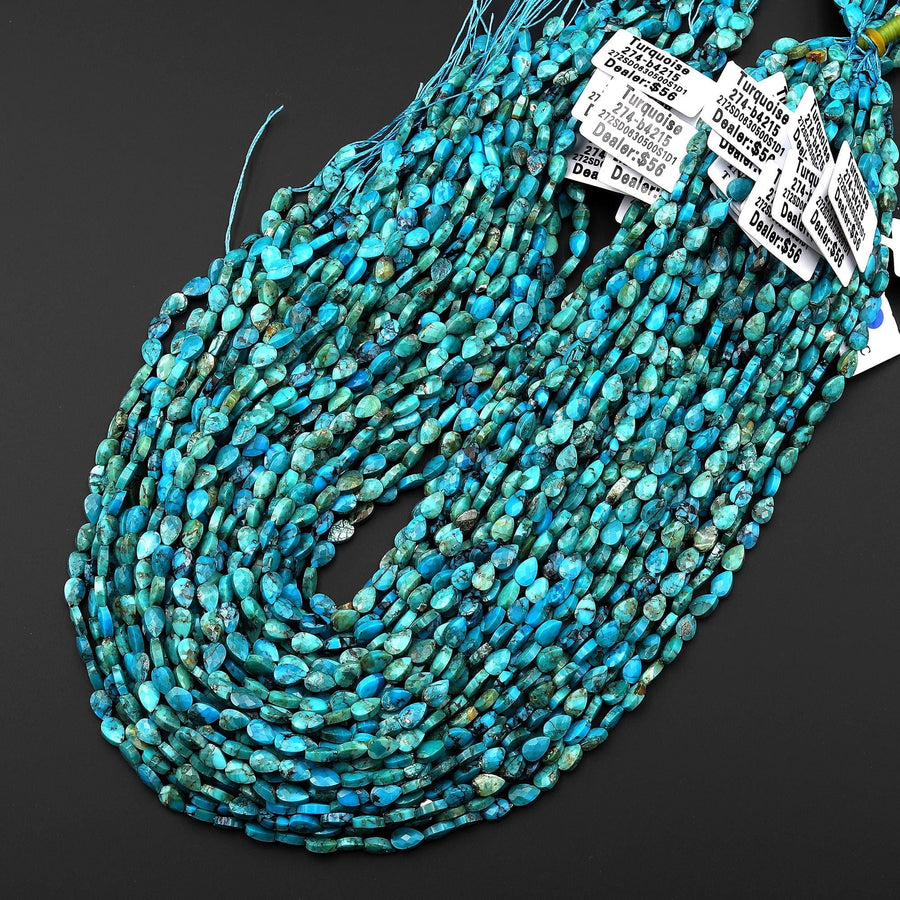 Faceted Genuine Natural Blue Turquoise Leaf Teardrop Gemstone Beads 4x6mm 15.5" Strand