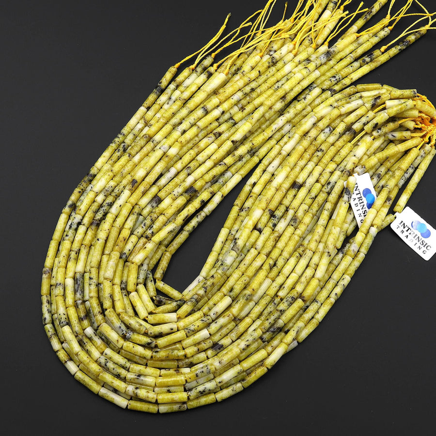 Natural Yellow Turquoise Thin Long Tube Beads 14x4mm 15.5" Strand