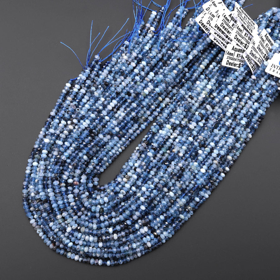 Faceted Natural Stormy Blue Santa Maria Aquamarine 4mm Rondelle Beads Gemstone 15.5" Strand