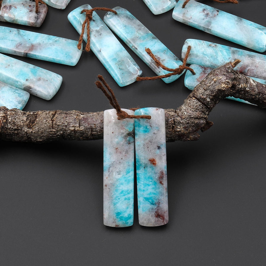 Natural Madagascar Blue Amazonite Rectangle Earring Drilled Matched Gemstone Bead Pair