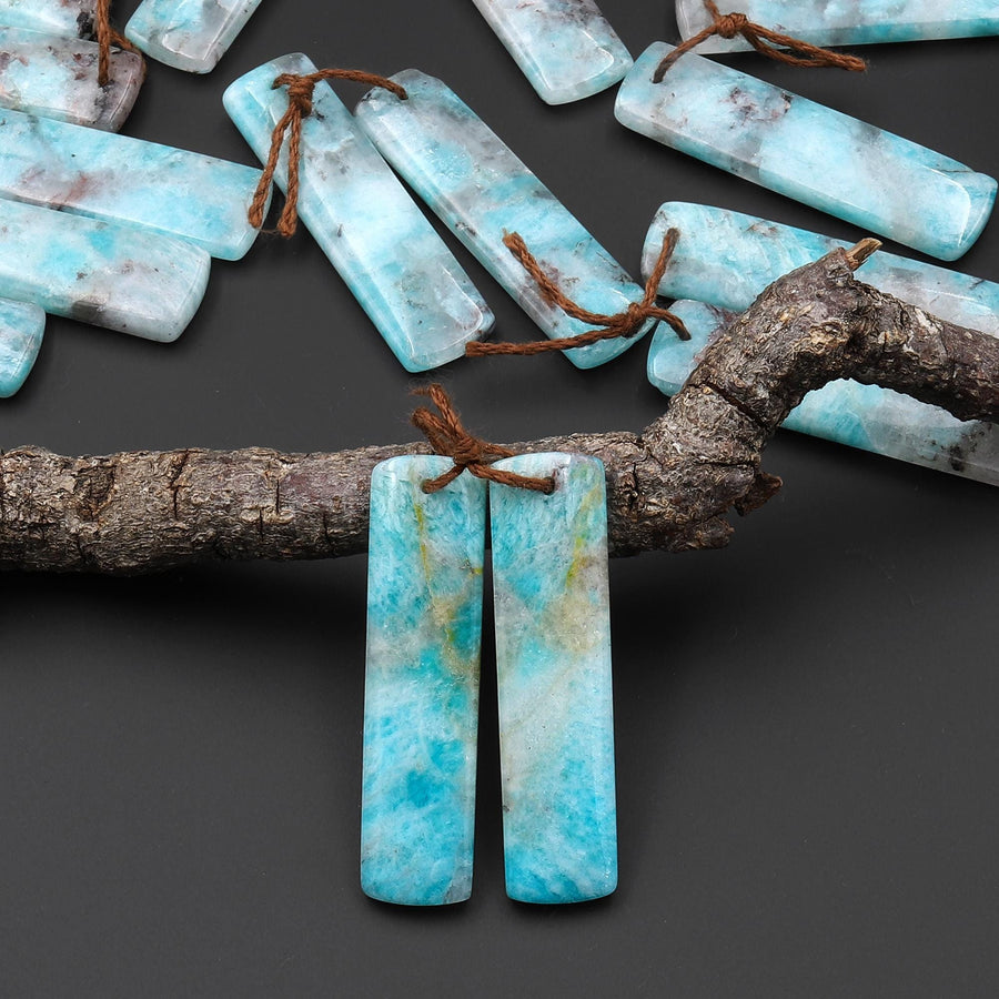 Natural Madagascar Blue Amazonite Rectangle Earring Drilled Matched Gemstone Bead Pair