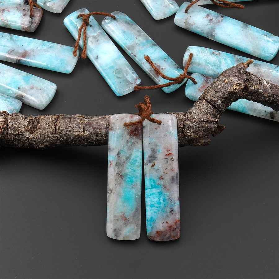 Natural Madagascar Blue Amazonite Rectangle Earring Drilled Matched Gemstone Bead Pair A1
