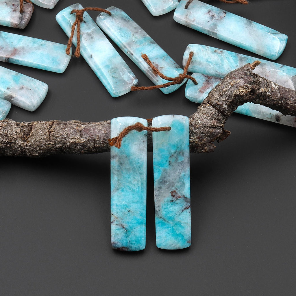 Natural Madagascar Blue Amazonite Rectangle Earring Drilled Matched Gemstone Bead Pair A2
