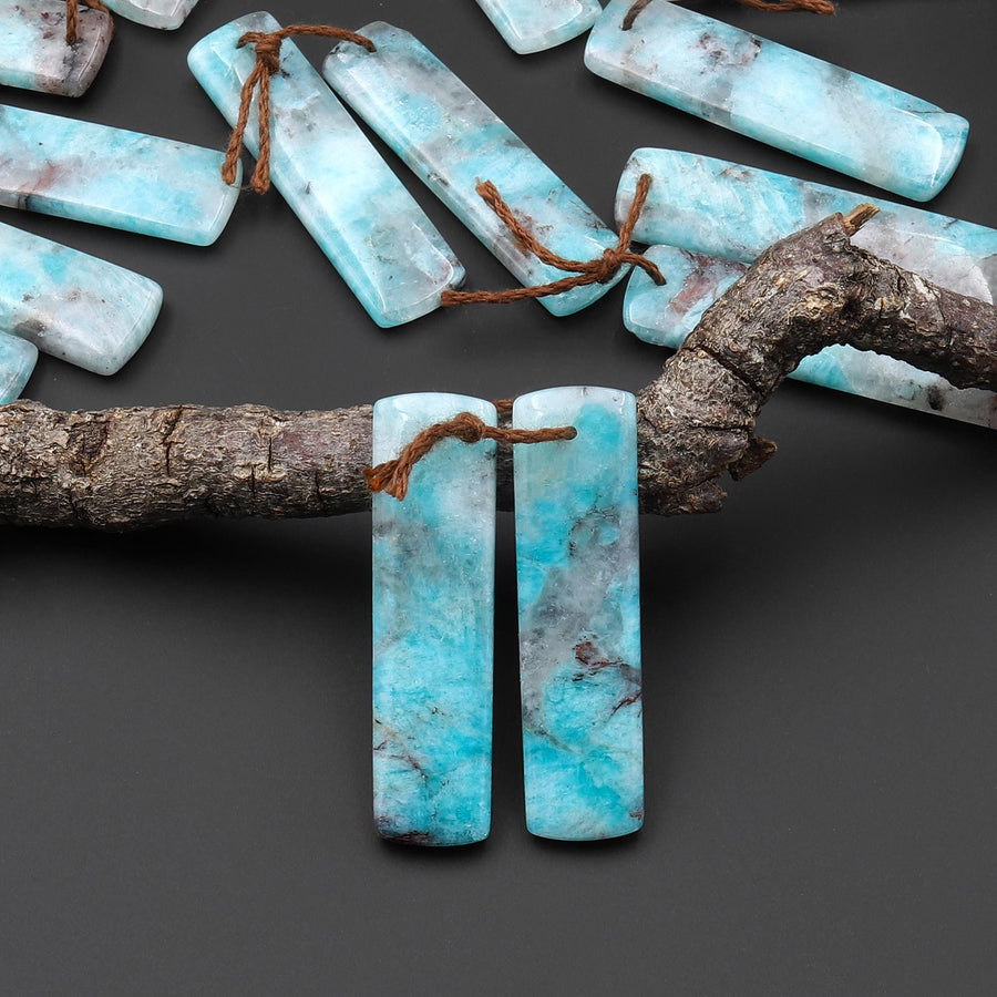 Natural Madagascar Blue Amazonite Rectangle Earring Drilled Matched Gemstone Bead Pair A2