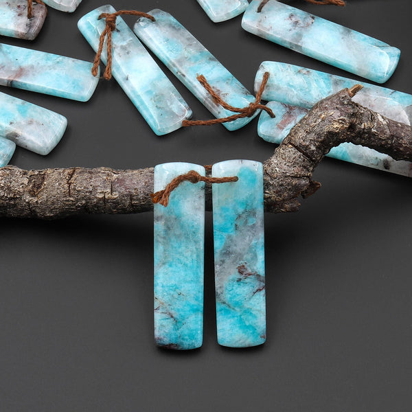Natural Madagascar Blue Amazonite Rectangle Earring Drilled Matched Gemstone Bead Pair A2