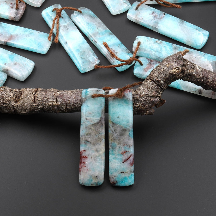 Natural Madagascar Blue Amazonite Rectangle Earring Drilled Matched Gemstone Bead Pair A5