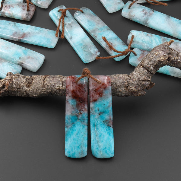 Natural Madagascar Blue Amazonite Rectangle Earring Drilled Matched Gemstone Bead Pair A7