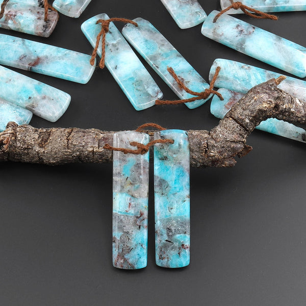 Natural Madagascar Blue Amazonite Rectangle Earring Drilled Matched Gemstone Bead Pair A4