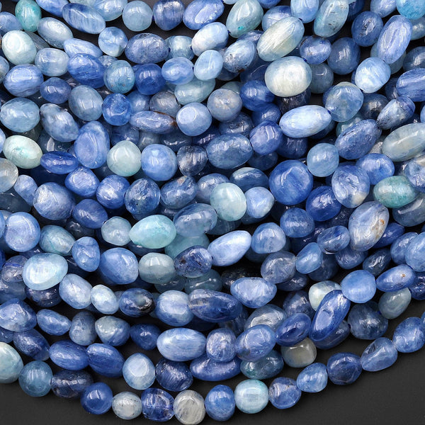 Natural Silvery Blue Kyanite Freeform Oval Pebble Nugget Beads 15.5" Strand
