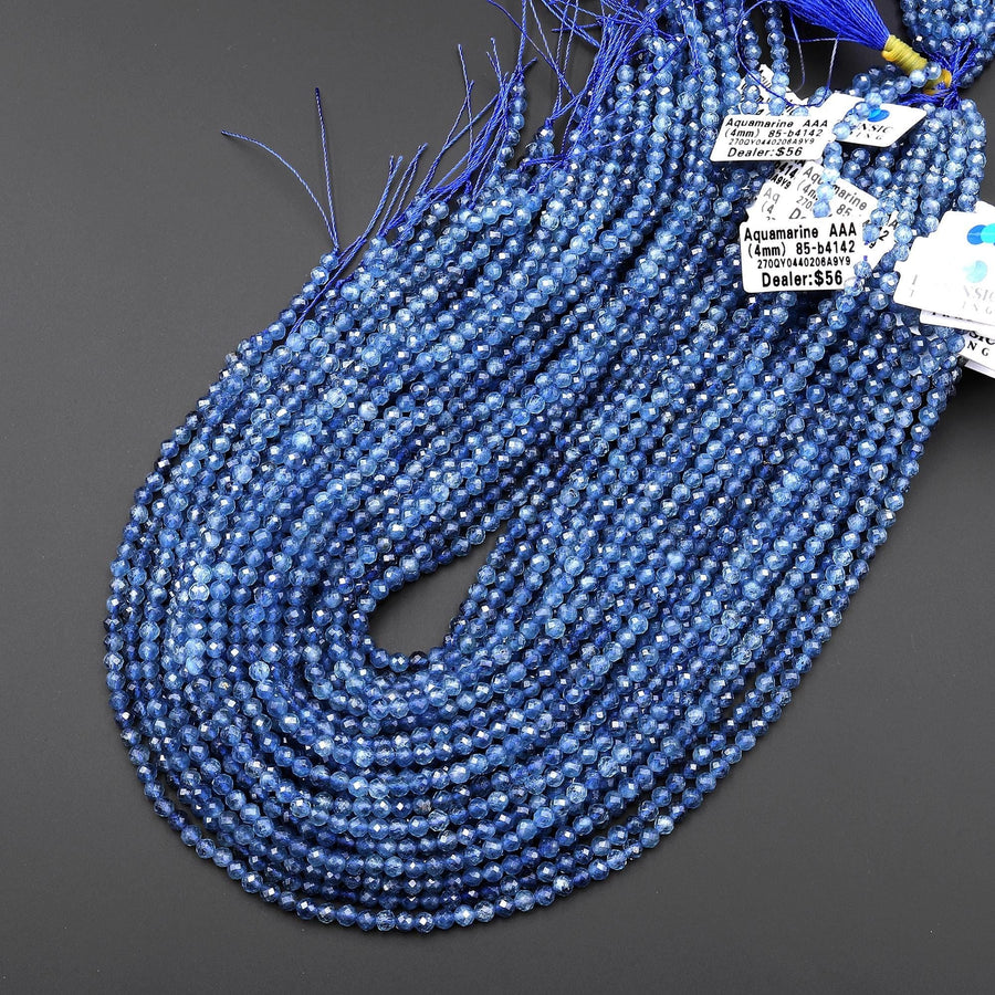 AAA Faceted Natural Stormy Blue Santa Maria Aquamarine 4mm Round Gemstone Beads 15.5" Strand