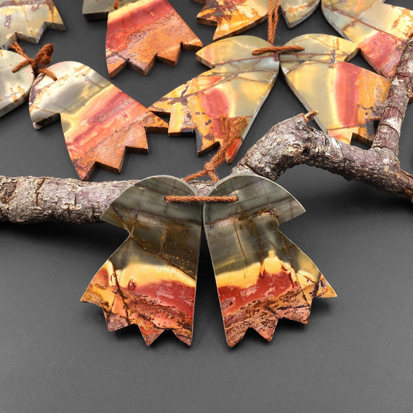 Carved American Eagle Natural Red Creek Jasper Earrings Drilled Matched Gemstone Bead Pair A10