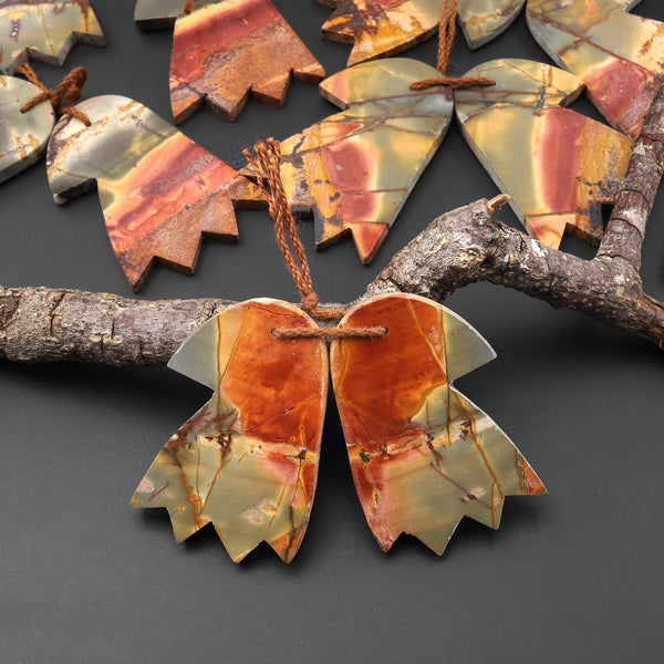 Carved American Eagle Natural Red Creek Jasper Earrings Drilled Matched Gemstone Bead Pair A12