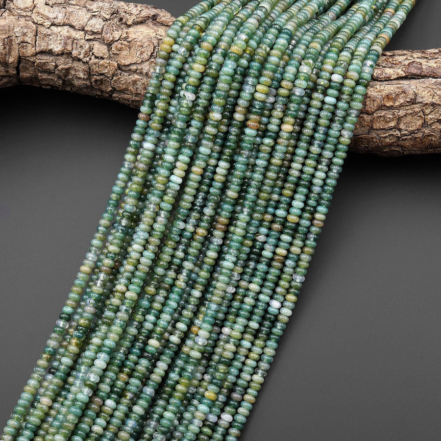 Natural Green Moss Agate Smooth 4mm Rondelle Beads 15.5" Strand