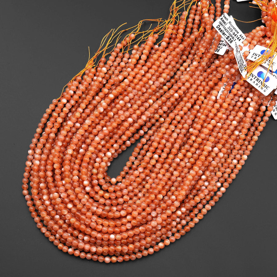 AAA Fiery Natural Orange Peach Moonstone Smooth 4mm Round Beads 15.5" Strand