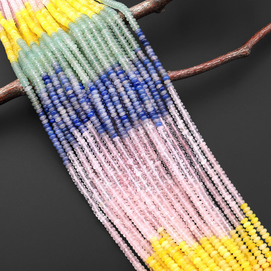 Multicolor Natural Gemstone 4mm Smooth Rondelle Beads Pink Rose Quartz Yellow Jade Green Blue Aventurine Ombre 15.5" Strand
