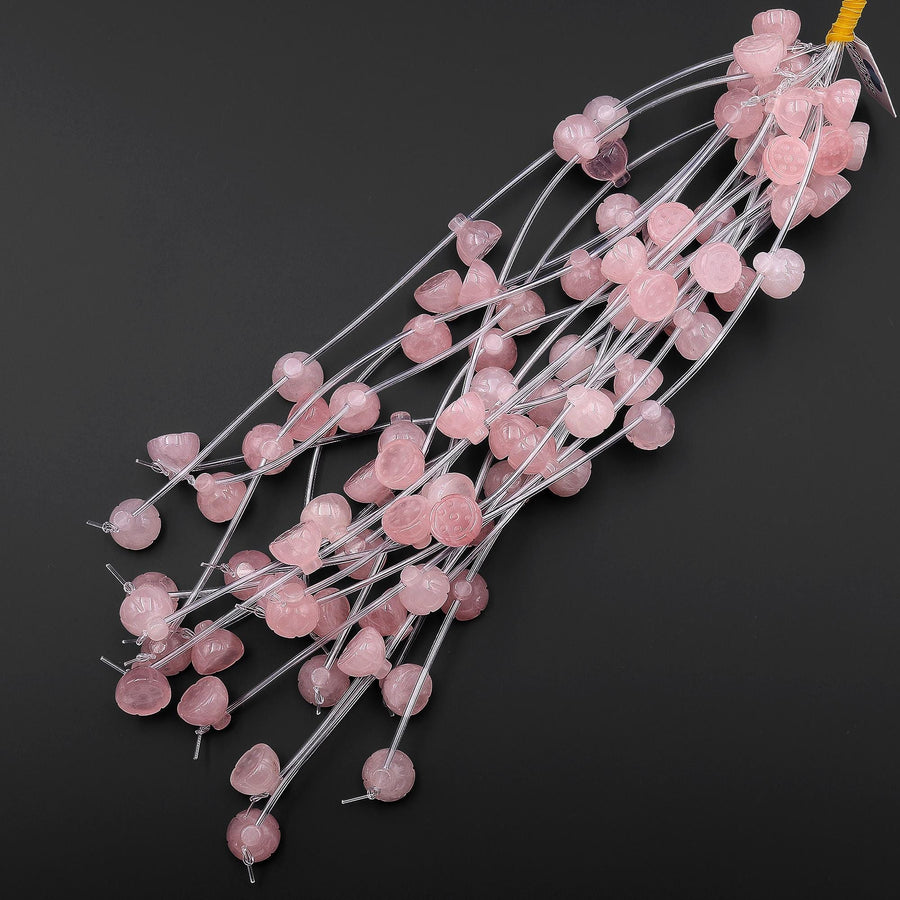 Natural Pink Rose Quartz Hand Carved Lotus Gemstone Beads Strand