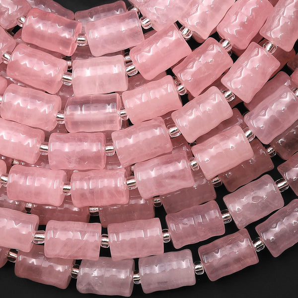 Natural Pink Rose Quartz Hand Carved Rippled Barrel Tube Gemstone Beads 8" Strand