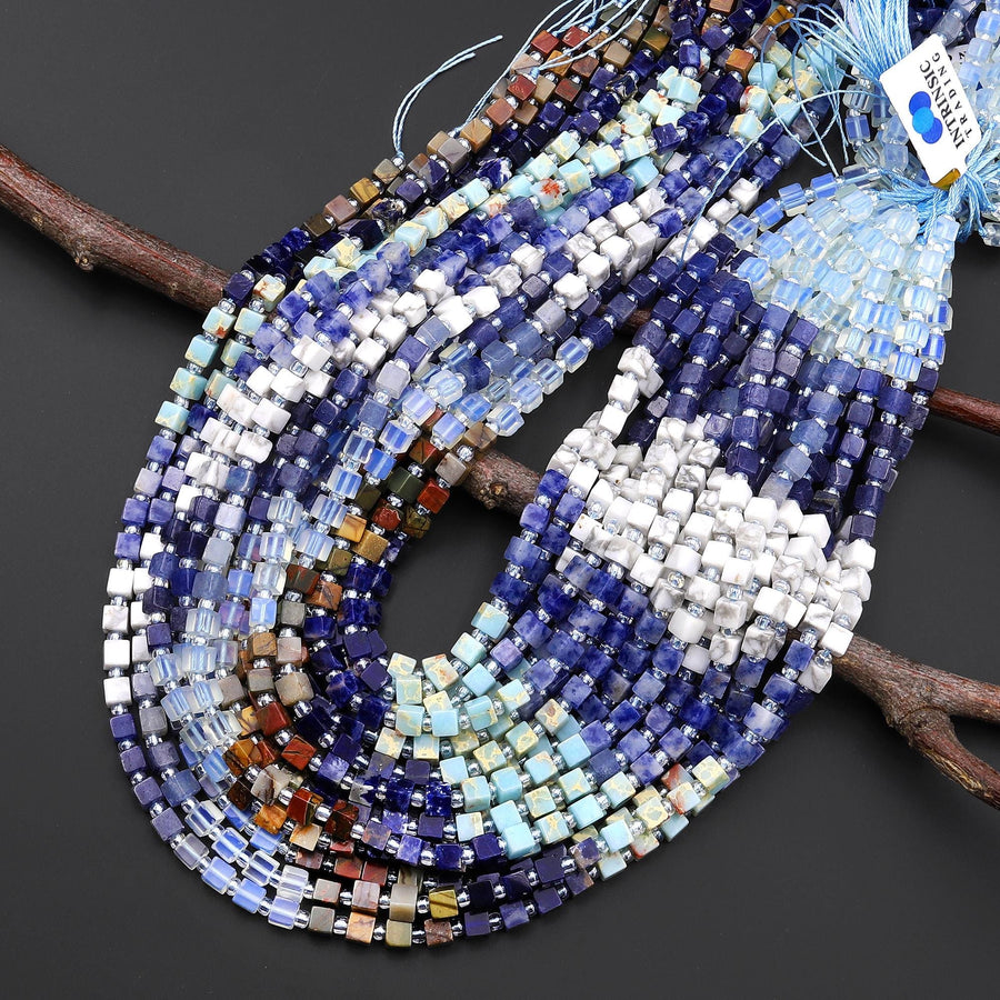 Multicolor Natural Gemstone 4mm Smooth Cube Beads Opalite Blue Aventurine Howlite Sodalite Impression Jasper Red Creek Jasper 15.5" Strand