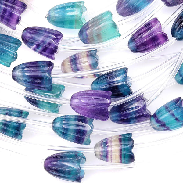 AAA Natural Green Purple Fluorite Hand Carved Tulip Lily Flower Vertically Drilled Gemstone 15mm Beads Strand