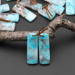 Natural Madagascar Blue Amazonite W/ Red Iron Matrix Rectangle Earring Drilled Matched Gemstone Bead Pair