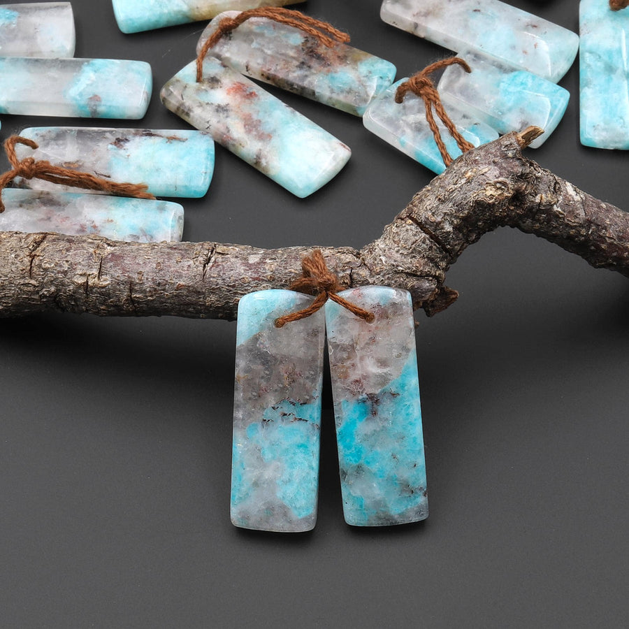 Natural Madagascar Blue Amazonite W/ Red Iron Matrix Rectangle Earring Drilled Matched Gemstone Bead Pair