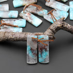 Natural Madagascar Blue Amazonite W/ Red Iron Matrix Rectangle Earring Drilled Matched Gemstone Bead Pair