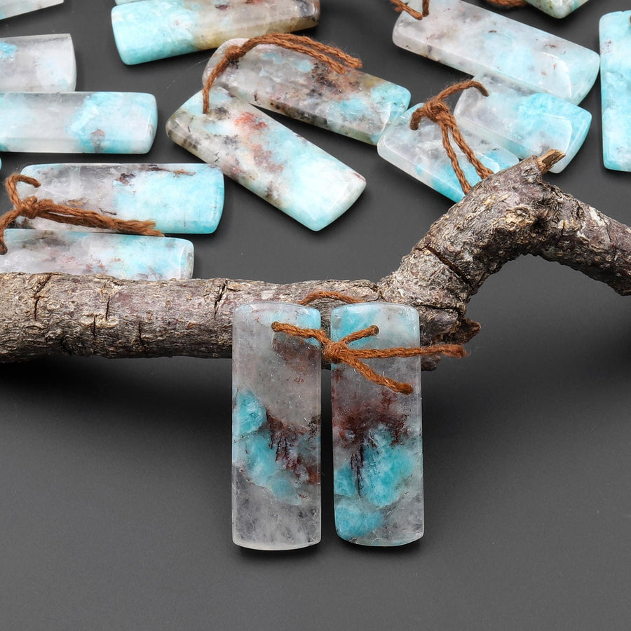 Natural Madagascar Blue Amazonite W/ Red Iron Matrix Rectangle Earring Drilled Matched Gemstone Bead Pair