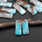 Natural Madagascar Blue Amazonite W/ Red Iron Matrix Rectangle Earring Drilled Matched Gemstone Bead Pair