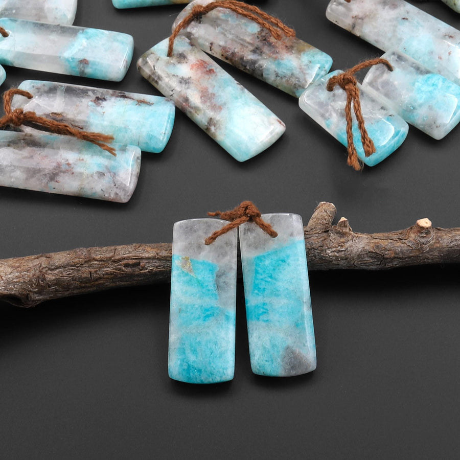 Natural Madagascar Blue Amazonite W/ Red Iron Matrix Rectangle Earring Drilled Matched Gemstone Bead Pair