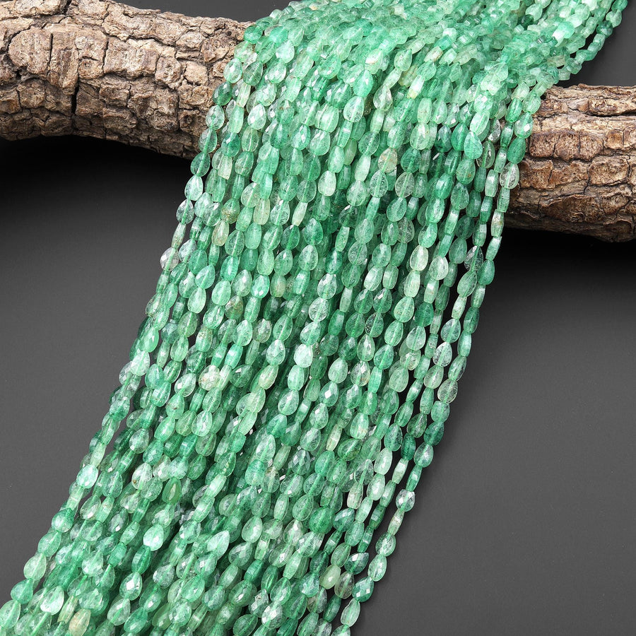 Faceted Natural African Green Chalcedony Leaf Teardrop Gemstone Beads 4x6mm 15.5" Strand
