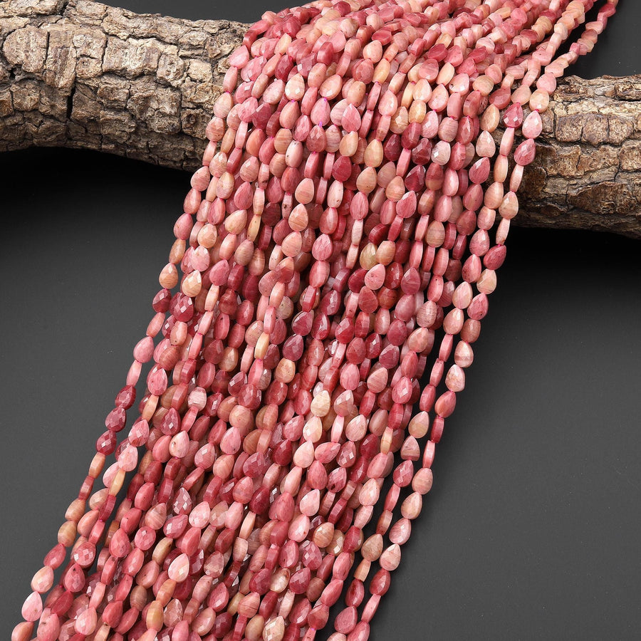 Faceted Natural Pink Petrified Rhodonite Leaf Teardrop Gemstone Beads 4x6mm 15.5" Strand