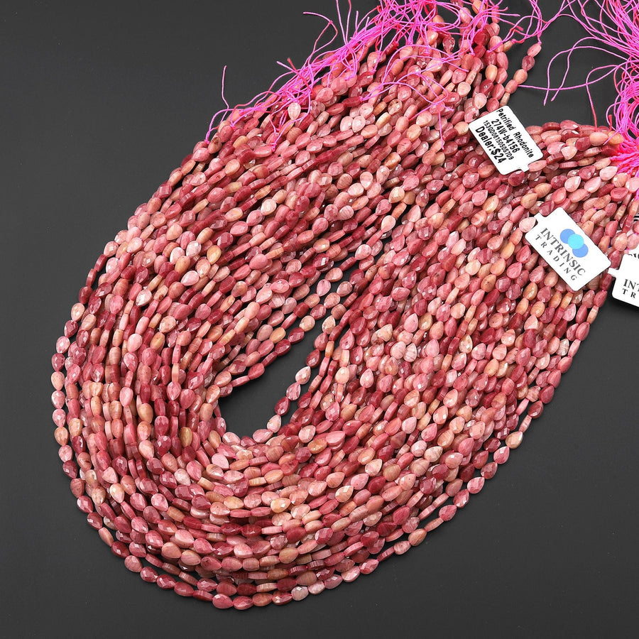 Faceted Natural Pink Petrified Rhodonite Leaf Teardrop Gemstone Beads 4x6mm 15.5" Strand