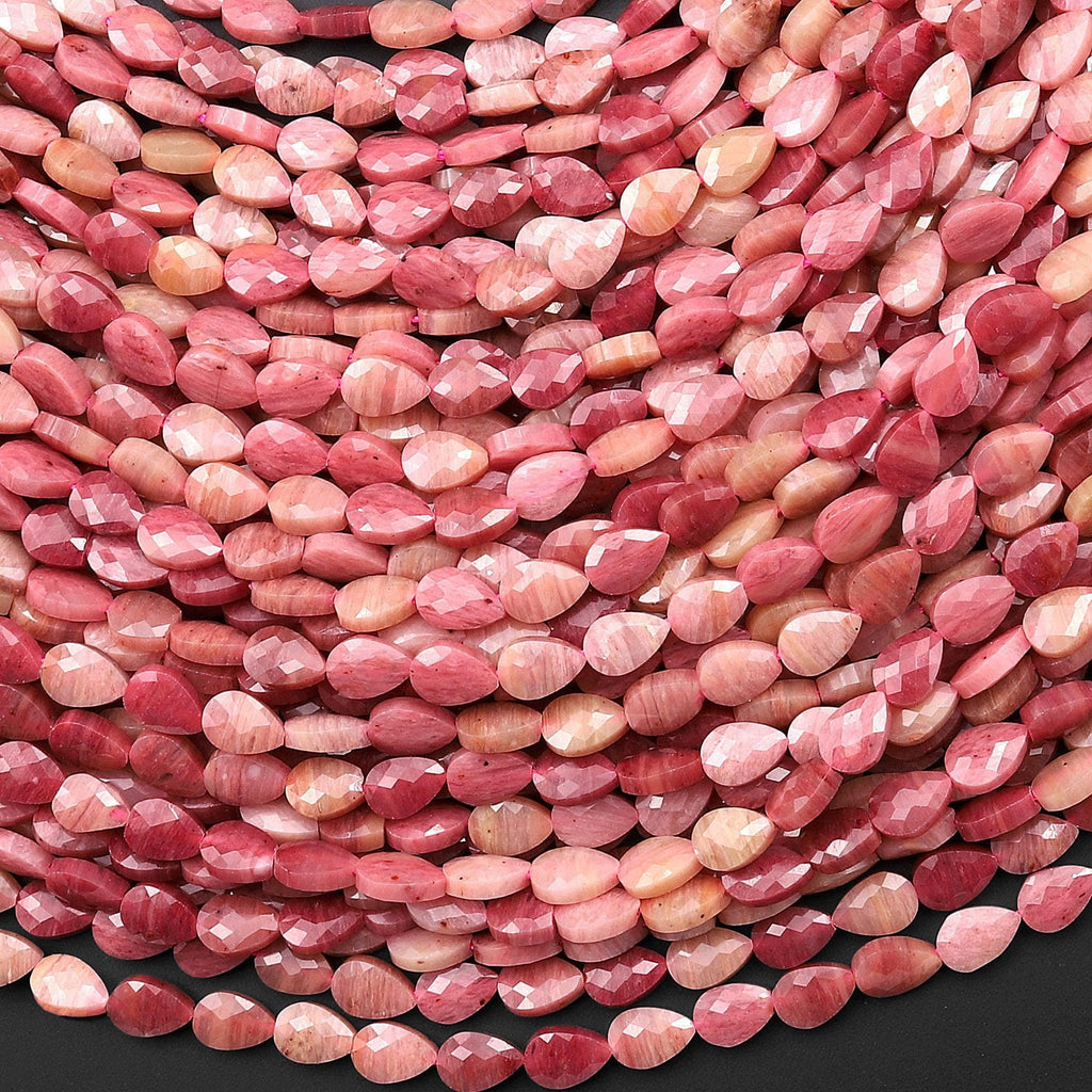 Faceted Natural Pink Petrified Rhodonite Leaf Teardrop Gemstone Beads 4x6mm 15.5" Strand