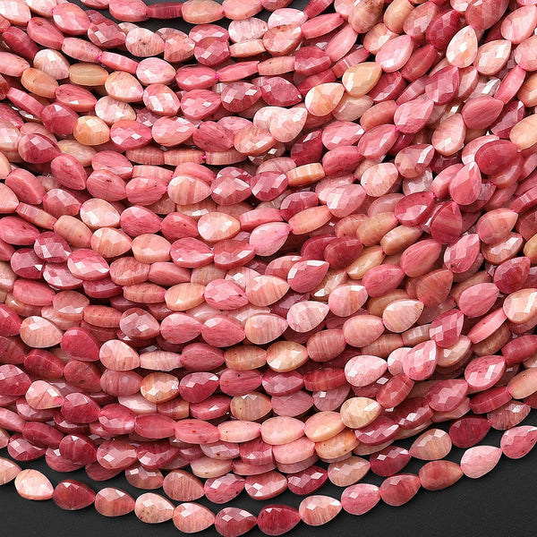 Faceted Natural Pink Petrified Rhodonite Leaf Teardrop Gemstone Beads 4x6mm 15.5" Strand