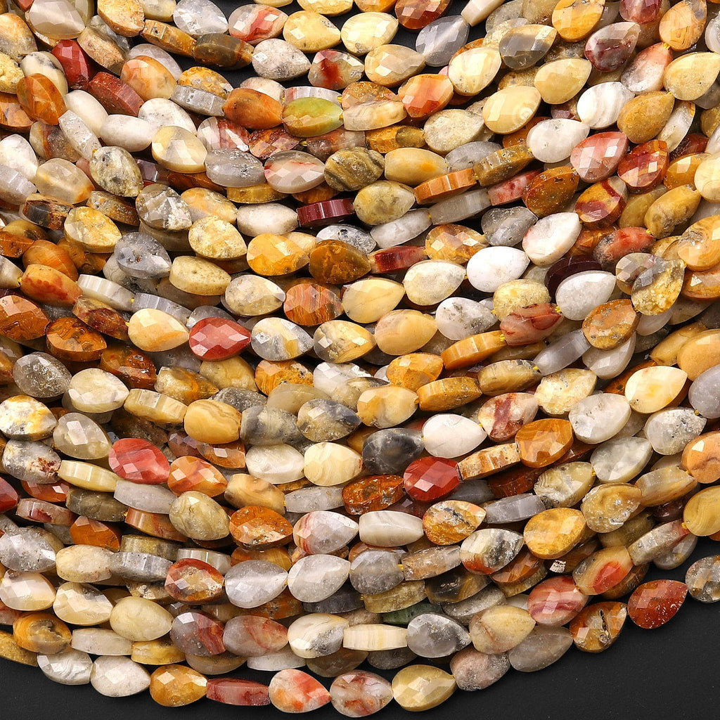 Faceted Natural Yellow Crazy Lace Agate Leaf Teardrop Gemstone Beads 4x6mm 15.5" Strand