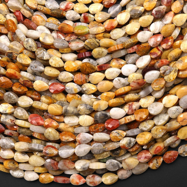 Faceted Natural Yellow Crazy Lace Agate Leaf Teardrop Gemstone Beads 4x6mm 15.5" Strand