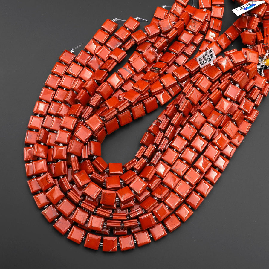 AAA Natural Red Jasper Smooth Square Beads w/ Grooved Line Around 16" Strand