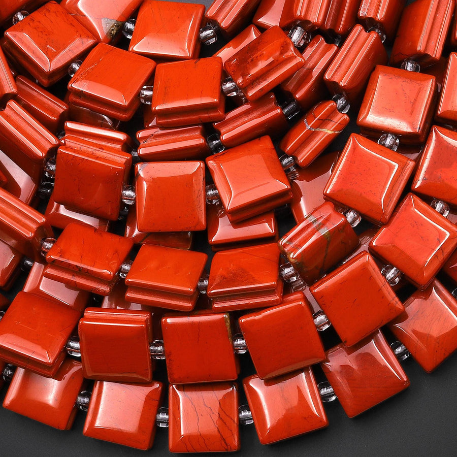 AAA Natural Red Jasper Smooth Square Beads w/ Grooved Line Around 16" Strand
