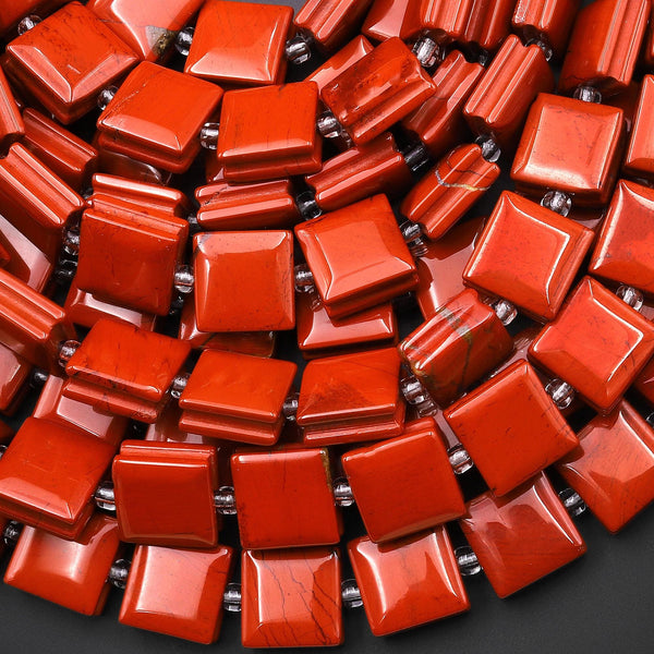 AAA Natural Red Jasper Smooth Square Beads w/ Grooved Line Around 16" Strand