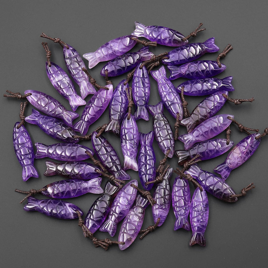 Hand Carved Natural Gemstone Fish Pendant Blue Lapis Green Amazonite Purple Amethyst Tiger's Eye Strawberry Quartz Black Onyx