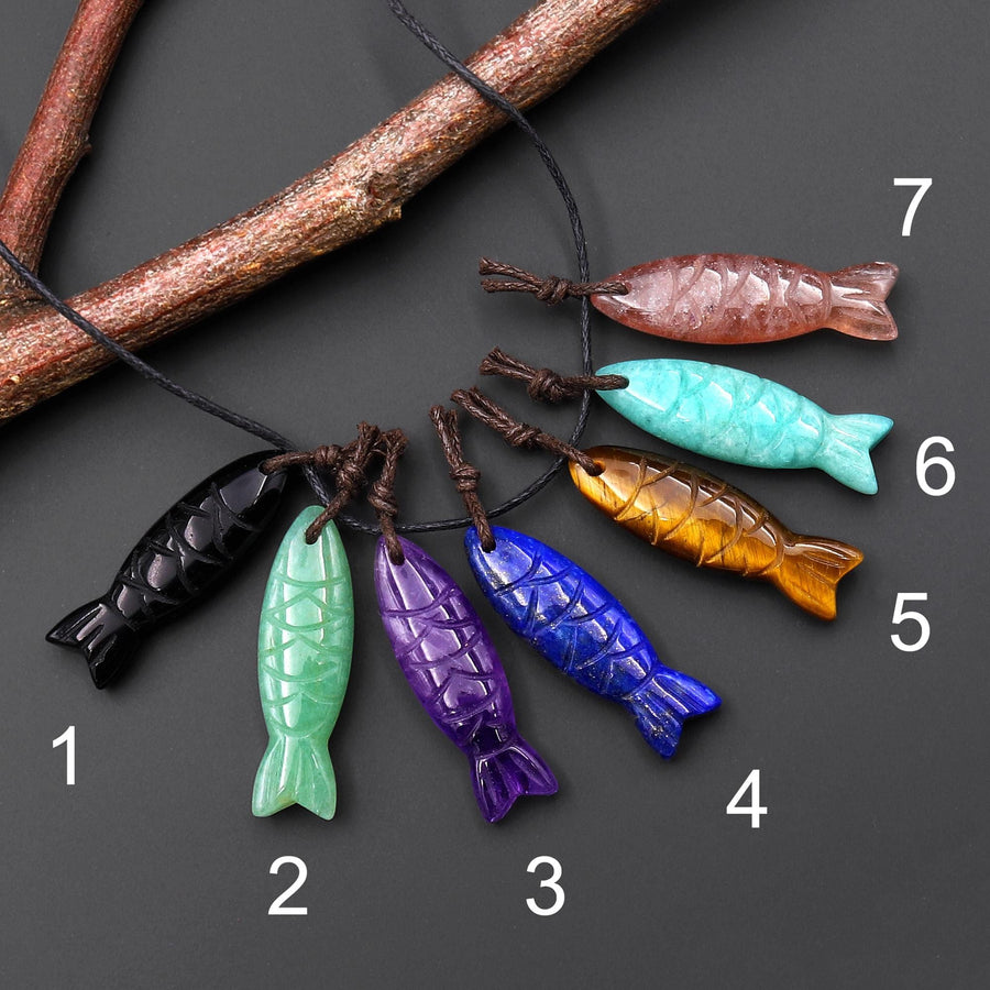 7 Gemstone Fish Pendants Hand Carved Blue Lapis Green Amazonite Purple Amethyst Tiger's Eye Strawberry Quartz Black Onyx A1