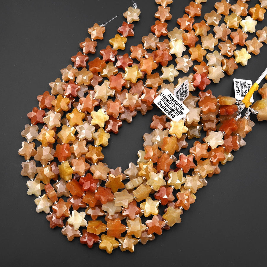 Sparkling Faceted Natural Orange Yellow Red Aventurine Beads 14mm Carved Star Gemstone 15" Strand