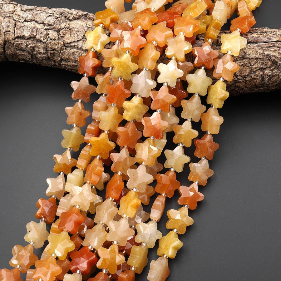 Sparkling Faceted Natural Orange Yellow Red Aventurine Beads 14mm Carved Star Gemstone 15" Strand