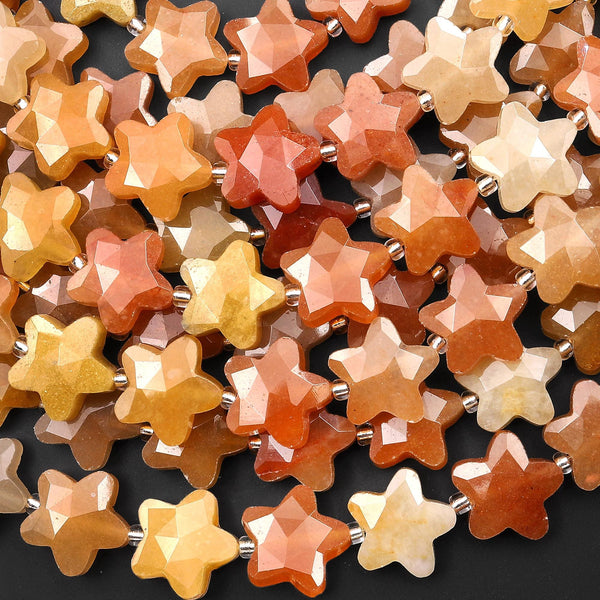 Sparkling Faceted Natural Orange Yellow Red Aventurine Beads 14mm Carved Star Gemstone 15" Strand